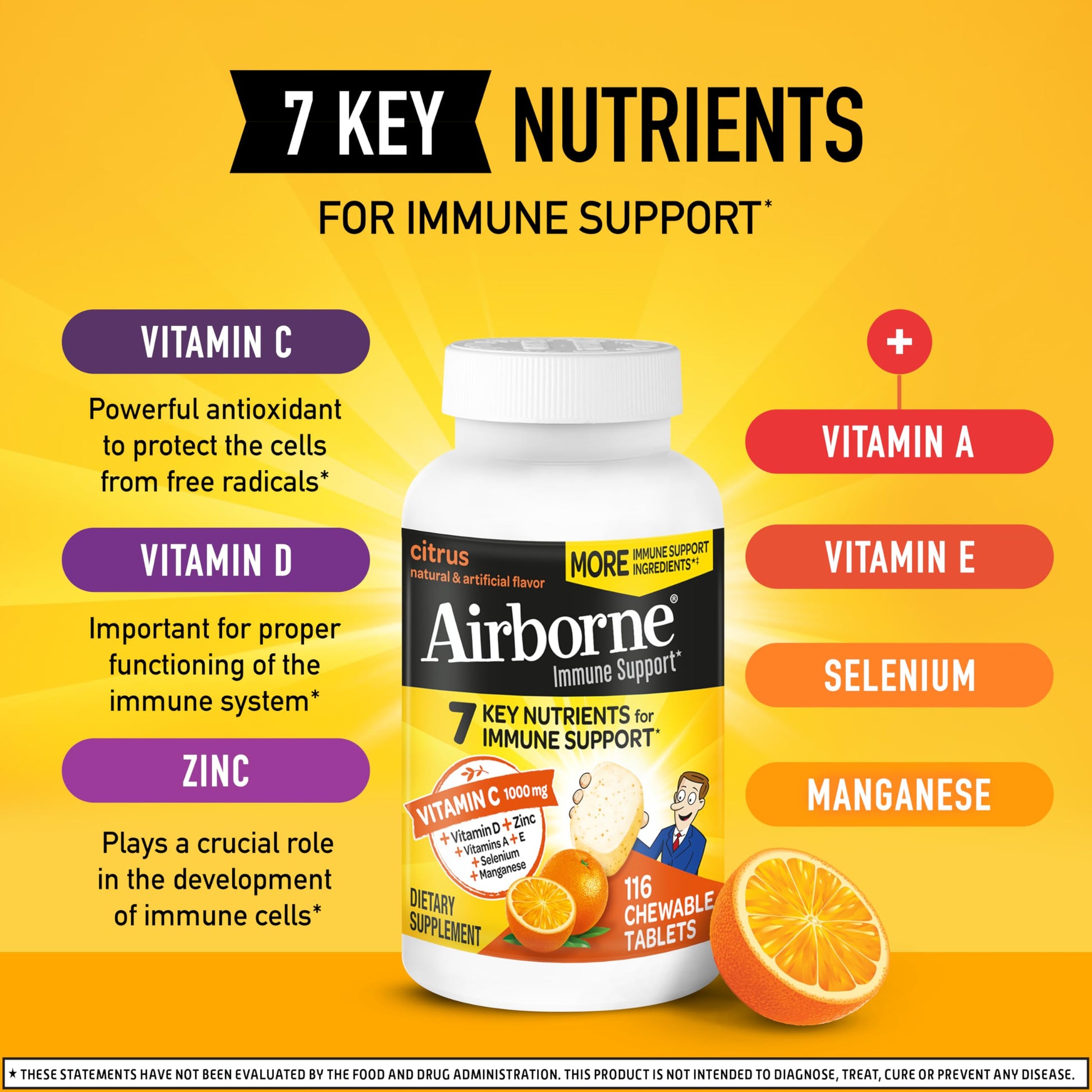 Airborne Vitamin C 1000mg (per Serving) - Citrus Chewable Tablets (116 Count in a Bottle), Gluten-Free Immune Support Supplement, with Vitamins A C E, Zinc, Selenium, Echinacea, Ginger, Antioxidants Nirvana Guru