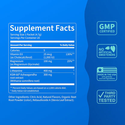 Supercalm Powdered Drink Mix, Raspberry Lemonade, L Theanine, Ksm-66 Ashwagandha, Magnesium Glycinate, Vitamin D 3, Supplements for Relaxation & Focus, No Sugar, Non GMO, On The Go, 20 Ct