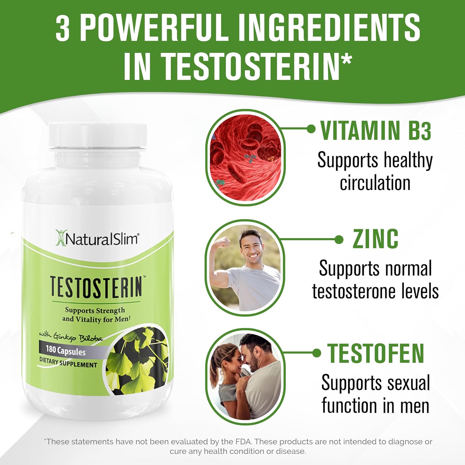 NaturalSlim Natural Testosterone Booster for Men - Male Enhancing Supplement with Ginkgo Biloba, L Arginine, Zinc, Vitamin B3, & Testofen for Energy, Muscle Builder & Metabolism - 180 Capsules - Nirvana Guru