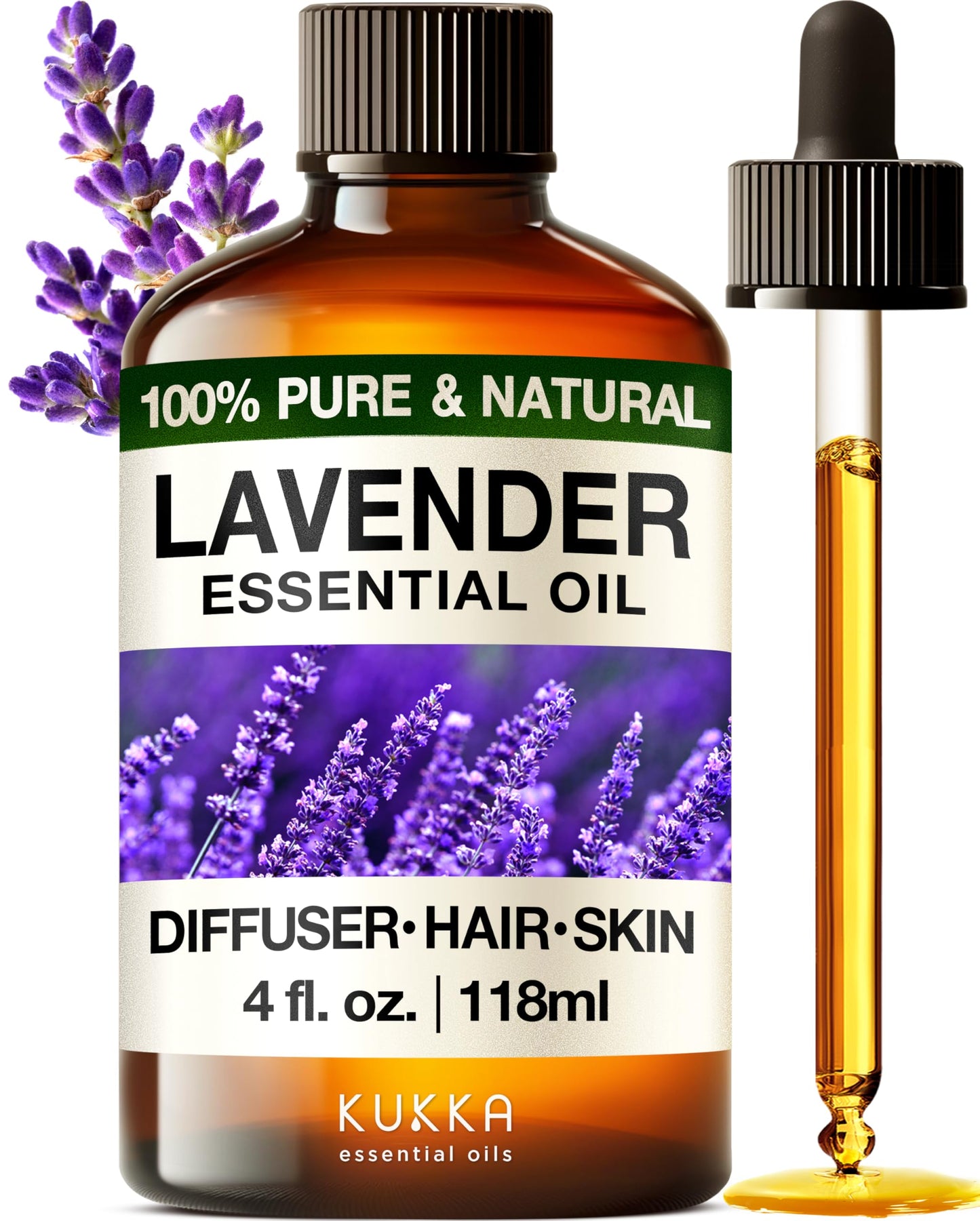 KUKKA essential oils 100% Pure & Natural Lavender Essential Oil for Diffuser, Body, Aromatherapy & Soap Making Scent (4 Fl Oz/118 ml)