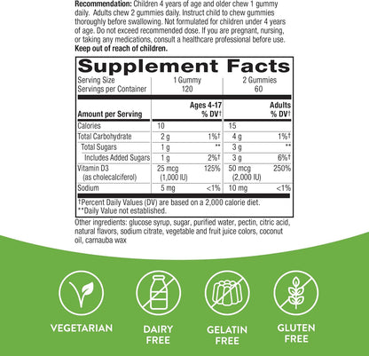 Nature's Way Vitamin D3 Gummies, Supports Immune and Bone Health*, 2000 IU (50 mcg) per 2-gummy Serving, Mixed Fruit Flavored, 120 Gummies - Nirvana Guru