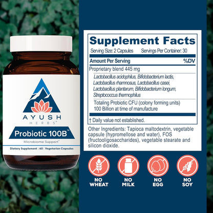 Ayush Herbs Probiotic 100B - Probiotics for Women, Probiotics for Men, Prebiotics and Probiotics for Digestive Health, Gas Relief, Gut Microbiome Balance - 60 Vegetarian Capsules (1 Count) Nirvana Guru