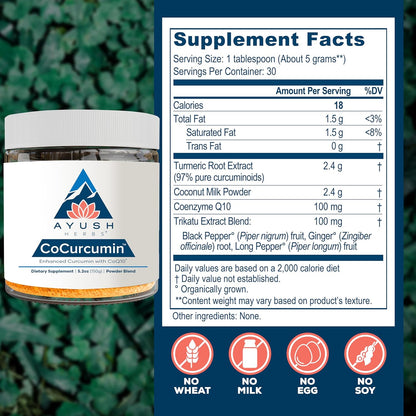 Ayush Herbs CoCurcumin - Turmeric Powder, Curcumin Powder with Black Pepper, CoQ10, MCT Oil for Glowing Skin, Joint, Muscle, and Gut Health - 4.2 Oz Jar (30 Servings) Nirvana Guru
