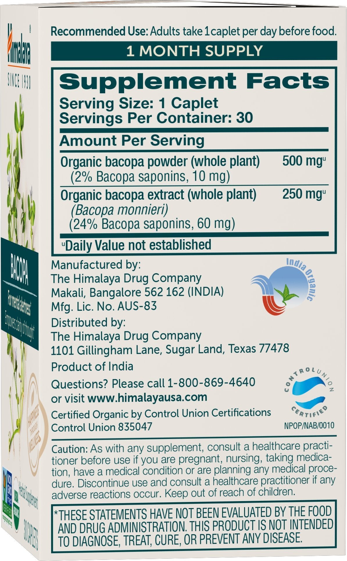 Himalaya Organic Bacopa Monnieri Nootropic Herbal Supplement, Supports Calm, Memory, Cognition, USDA Certified Organic, Non-GMO, 750 mg, 60 Plant-Based Caplets, 60 Day Supply - Nirvana Guru