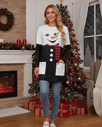 MOUSYA Women Dress Shirt Christmas Long Sleeve Tops Santa Printed Pullover Loose Plus Size T-Shirt Blouse with Pockets nirvanaguru