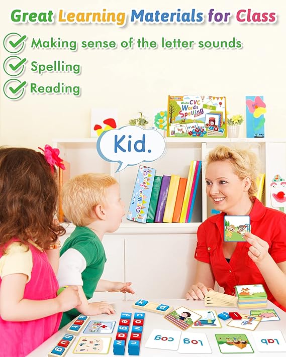 Gojmzo Wooden CVC Word Spelling Games, Preschool Kindergarten Learning Activities, Montessori Educational Toys Gifts for 3 4 5 6 Year Old Kids, Sight Words Flash Cards Reading Letters for Toddlers nirvanaguru