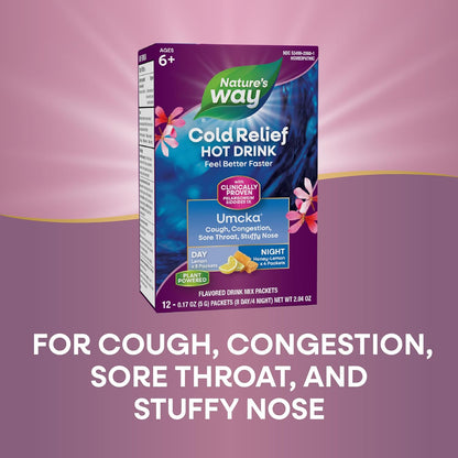 Nature's Way Cold Relief Hot Drink, Umcka, Homeopathic, Clinically Proven Pelargonium Sidoides 1X, for Cough, Congestion, Sore Throat, Stuffy Nose, Day & Night Formula, 12 Packets (Packaging May Vary) - Nirvana Guru