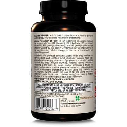 Jarrow Formulas B-Right, Optimized B Complex Featuring Vitamin B1, B2, B5, B6, B12 and B9 to Support Cellular Energy, Immune Health and Stress Management, 100 Veggie Capsules, Up to a 100 Day Supply - Nirvana Guru