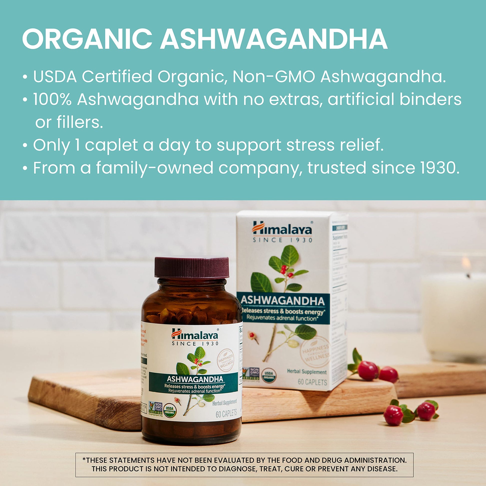 Himalaya Organic Ashwagandha, 120 Day Supply, Herbal Supplement for Stress Relief, Energy, Occasional Sleeplessness, Excipient Free, Organic, Non-GMO, Vegan, Gluten Free, 670 mg, 60 Caplets, 2 Pack - Nirvana Guru
