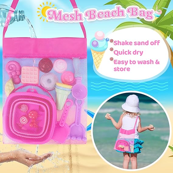 Collapsible Beach Toys Set for Kids Toddlers Girls, Collapsible Sand Bucket and Shovels Set with Mesh Bag & Sand Molds, Ice Cream Travel Sand Toys for Beach, Sandbox Toys for Toddlers Kids Age 3-10 nirvanaguru
