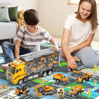 Toddler Boys Construction Truck Vehicle Toy Set with Play Mat and Die-Cast Toy Car, Transport Carrier Truck for Kids 3-5, Birthday Gifts Toys for 3-8 Year Old Boys Nirvana Guru