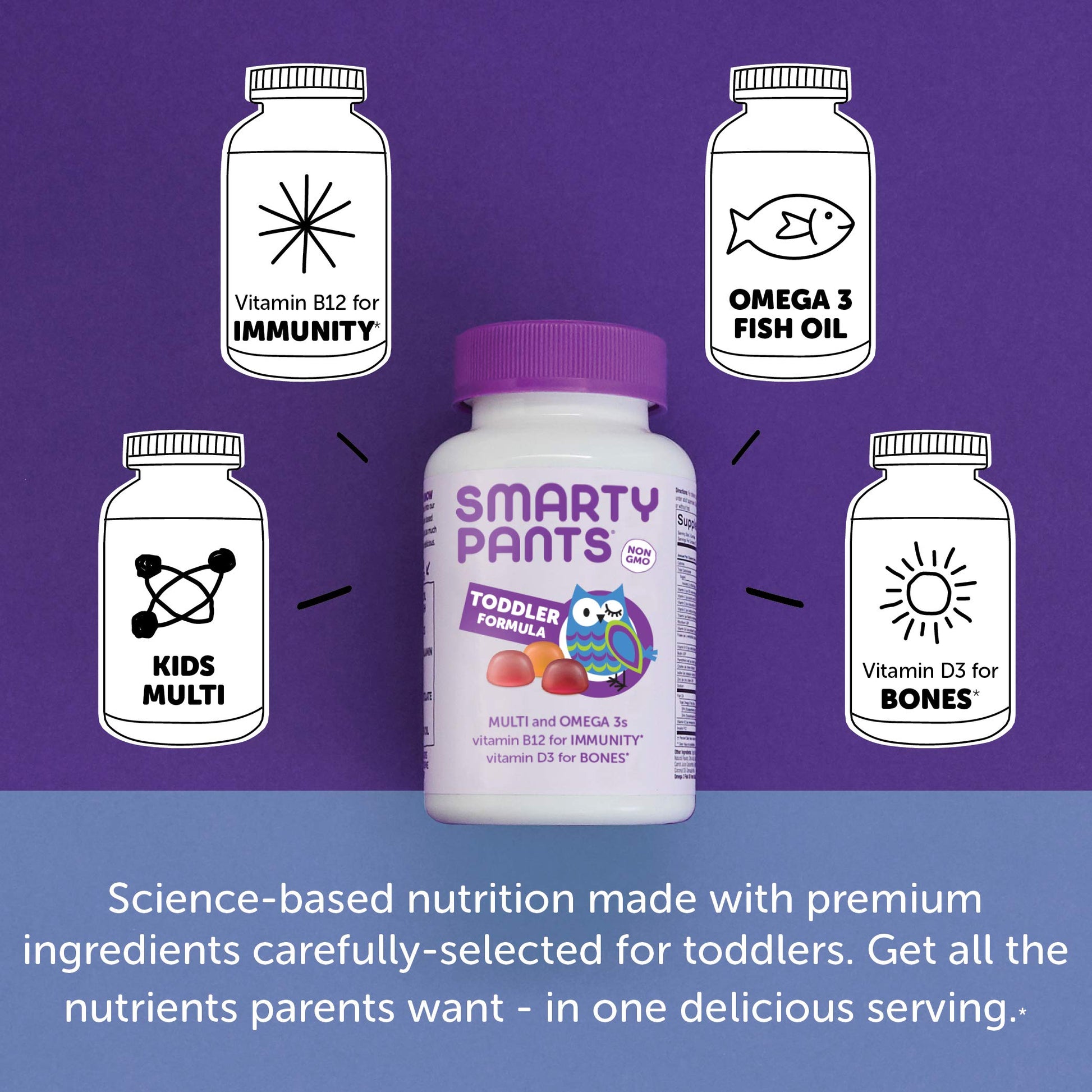 SmartyPants Toddler Multivitamin Gummies - Improved Formula: Omega 3 (DHA/EPA), Vitamins D3, C, Vitamin B12, B6, A, K & Zinc, Biotin, Gluten Free, Three Fruit Flavors, 60 Count (30 Day Supply) Nirvana Guru