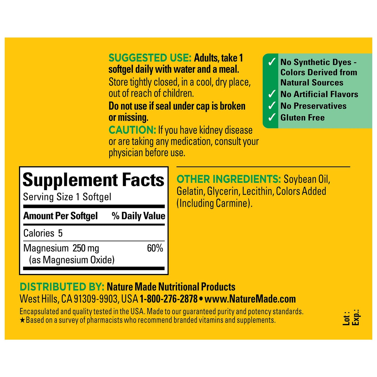 Nature Made Magnesium 250 mg, Magnesium Supplement for Muscle, Heart, Bone and Nerve Support, 90 Softgels, 90 Day Supply - Nirvana Guru