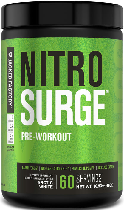 Jacked Factory NITROSURGE Pre Workout Supplement - Energy Booster, Instant Strength Gains, Clear Focus & Intense Pumps - NO Booster & Powerful Preworkout Energy Powder - 30 Servings, Blue Raspberry