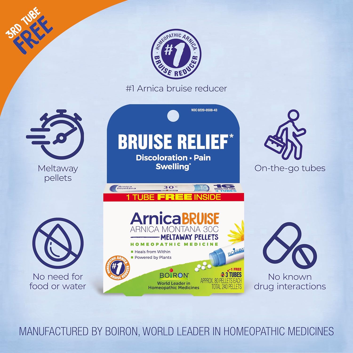 Boiron Arnica Bruise - Arnica Montana 30c for Relief of Pain, Swelling, and Discoloration from Bruises - 3 Count (240 Pellets) - Nirvana Guru