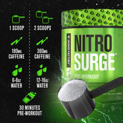 Jacked Factory NITROSURGE Pre Workout Supplement - Energy Booster, Instant Strength Gains, Clear Focus & Intense Pumps - NO Booster & Powerful Preworkout Energy Powder - 30 Servings, Blue Raspberry