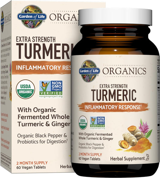 Garden of Life Organics Extra Strength Turmeric Inflammatory Response 60 Tablets-100mg Curcumin (95% Curcuminoids) Black Pepper, Probiotics, Organic Non-GMO Vegan Gluten Free Herbal Supplement - Nirvana Guru