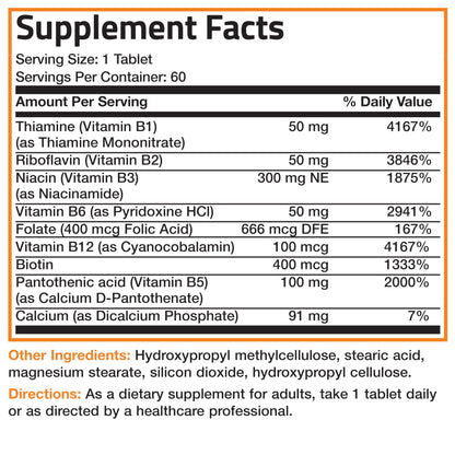 Bronson Super B Vitamin B Complex Sustained Slow Release (Vitamin B1, B2, B3, B6, B9 - Folic Acid, B12) Contains All B Vitamins 60 Tablets Nirvana Guru