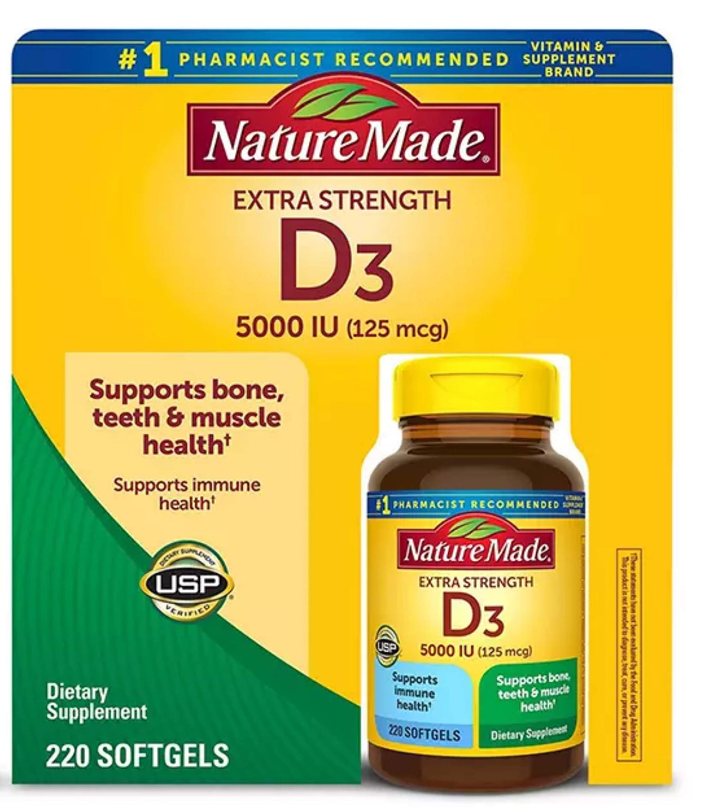 Nature Made Extra Strength Vitamin D3 5000 IU (125 mcg), Dietary Supplement for Bone, Teeth, Muscle and Immune Health Support, 180 Softgels, 180 Day Supply - Nirvana Guru
