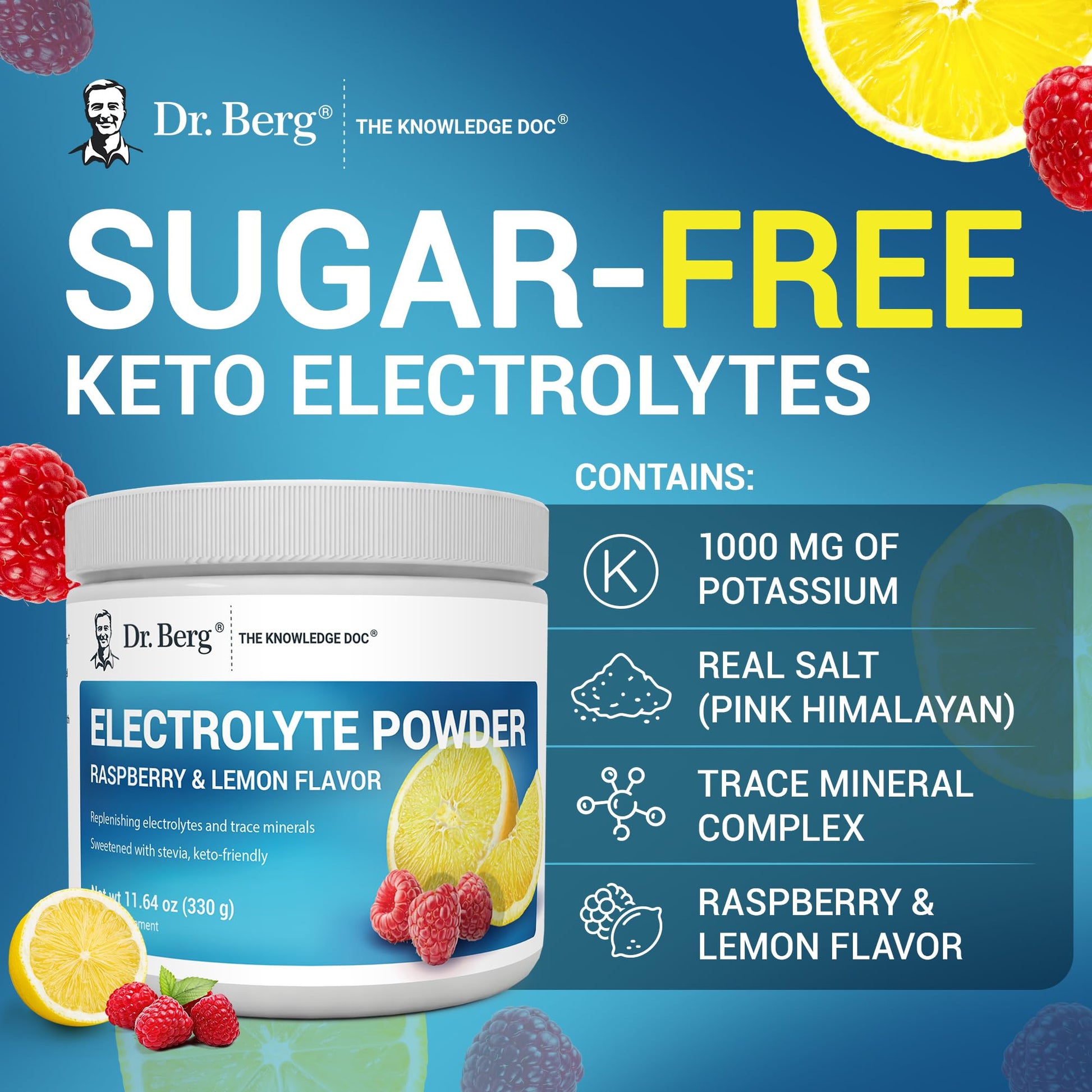 Dr. Berg Zero Sugar Hydration Keto Electrolyte Powder - Enhanced w/ 1000 mg of Potassium & Real Pink Himalayan Salt (NOT Table Salt) - Raspberry & Lemon Flavor Hydration Drink Supplement, 100 Servings Nirvana Guru