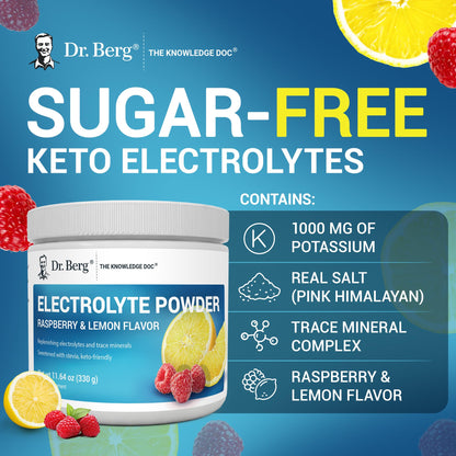 Dr. Berg Zero Sugar Hydration Keto Electrolyte Powder - Enhanced w/ 1000 mg of Potassium & Real Pink Himalayan Salt (NOT Table Salt) - Raspberry & Lemon Flavor Hydration Drink Supplement, 100 Servings Nirvana Guru
