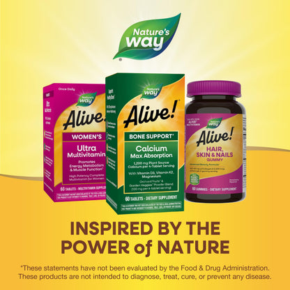 Nature's Way Alive! Calcium Max Absorption, Bone Support*, Plant Source Calcium, Vitamin D3 & K2, Magnesium, 120 Tablets (Packaging May Vary) - Nirvana Guru