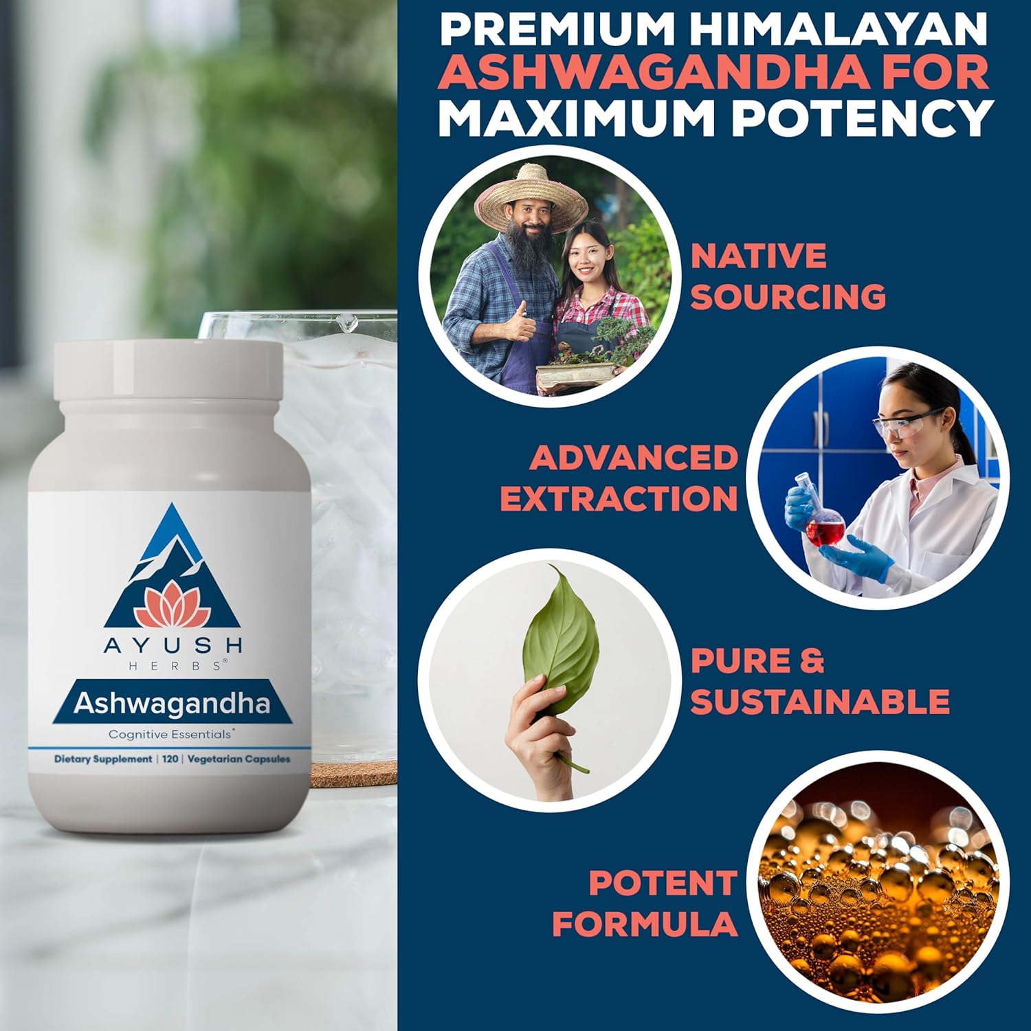 Ayush Herbs Ashwagandha Capsules - Ashwagandha for Men & Women, Ashwagandha Supplements, Pure Ashwagandha Root Powder for Stress, 500mg per Pill - 120 Vegetarian Caplets (1 Count) Nirvana Guru