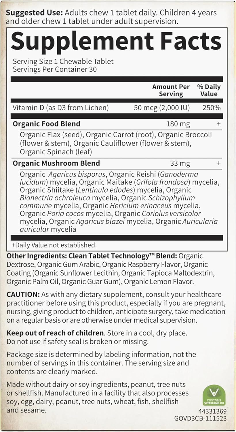 Garden of Life Organics Vegan Vitamin D3 Chewable - Raspberry Lemon, 2,000 IU (50mcg) Whole Food Vitamin D3 from Lichen Plus Food & Mushroom Blend, Gluten Free, 30 Chewable Tablets - Nirvana Guru