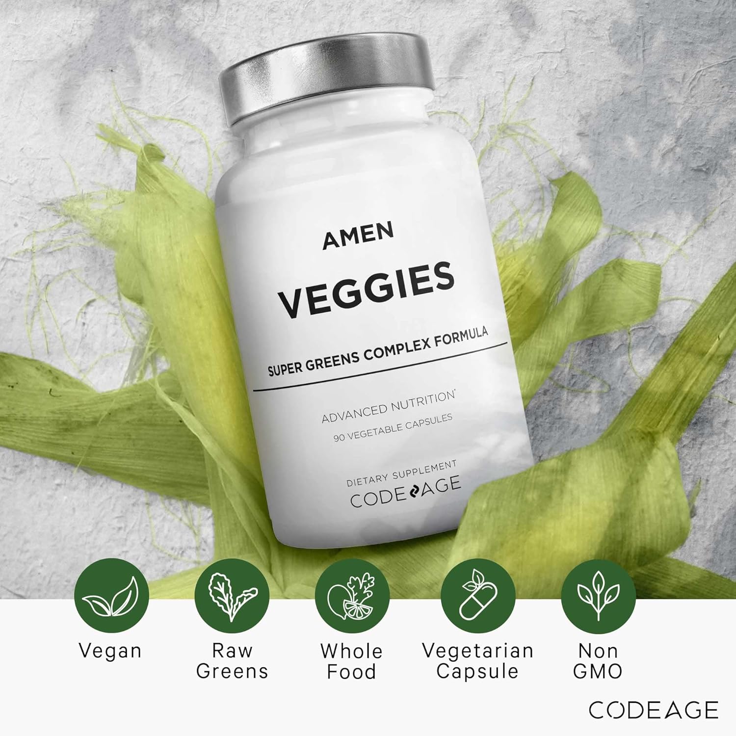 Amen Veggies, Daily Veggies Vitamins Supplement, Vegetables Vegan Blend & Whole-Food Raw Greens Multivitamin Capsules, Mushroom Complex, Superfood, Minerals, Green Vegetable Nutrients, Non-GMO, 90 ct Nirvana Guru