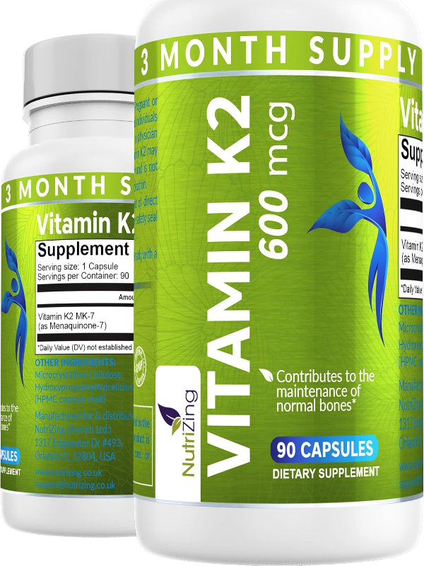 NutriZing K2 Vitamin Supplement MK-7 - High Strength 600mcg - Supports Bone & Arterial Health - 90 Vegan Capsules - Vitamin K2 for Men & Women - 3 Month Supply Nirvana Guru