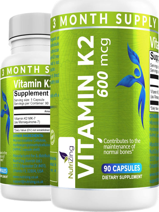 NutriZing K2 Vitamin Supplement MK-7 - High Strength 600mcg - Supports Bone & Arterial Health - 90 Vegan Capsules - Vitamin K2 for Men & Women - 3 Month Supply Nirvana Guru