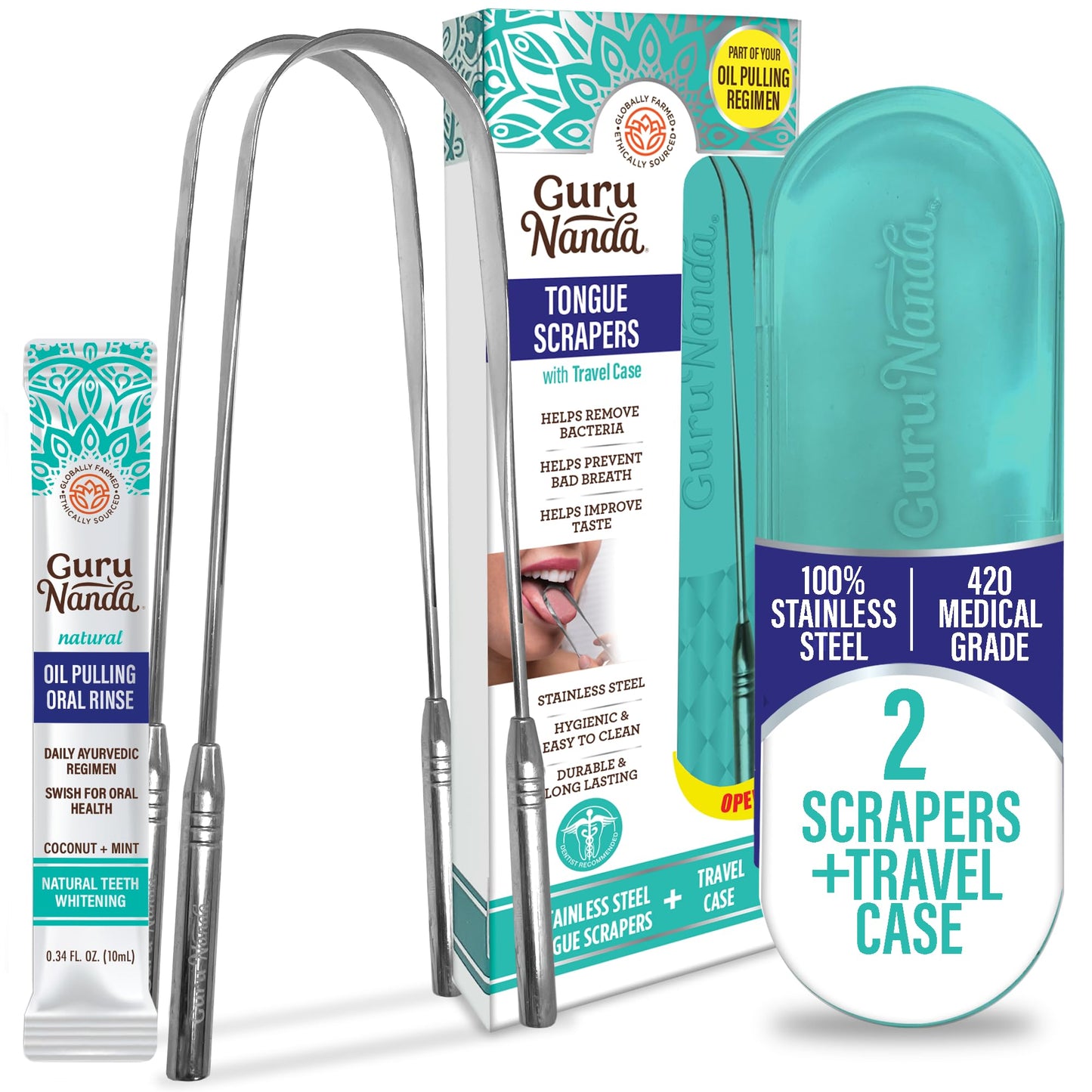 GuruNanda Tongue Scraper for Adults (2 Pack) with Travel Case, 420 Medical-Grade 100% Stainless Steel Tongue Cleaner, Aids in Fresh Breath & Oral Care Nirvana Guru
