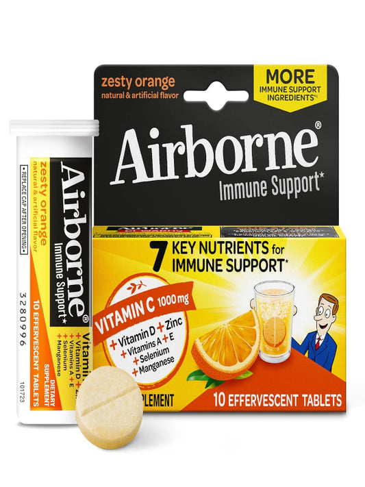 Airborne 1000mg Vitamin C with Vitamin D & Zinc, Sugar Free Multivitamin Immune Support Supplement, Antioxidants Vitamins A C & Vitamin E, 10 Effervescent Tablets, Zesty Orange Flavor Nirvana Guru