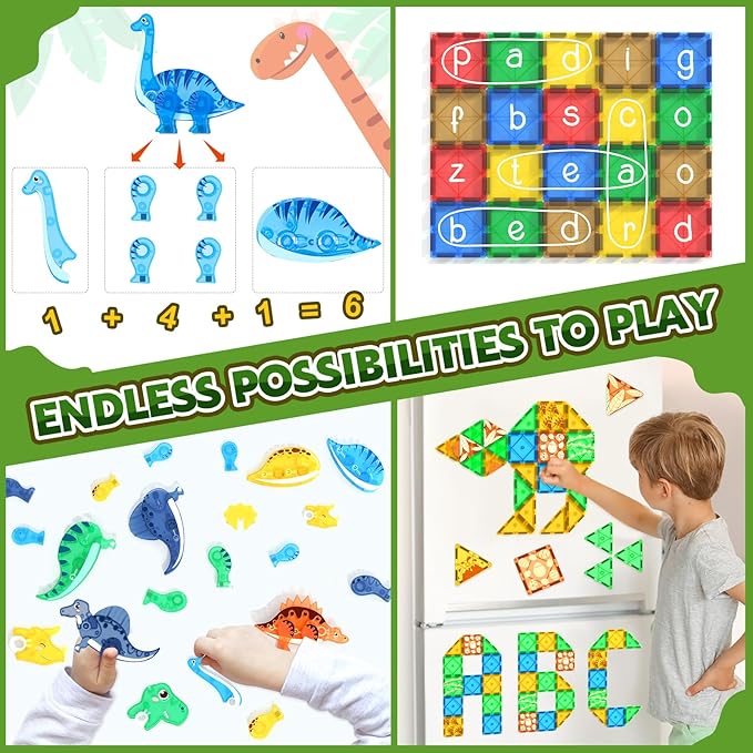 Dinosaur Toys Magnetic Tiles 3D Movable Dinos for Kids 3-5 5-7 Toddler Outdoor Sensory Toys, STEM Educational Magnetic Blocks for 3+ Years Old Boys Girls Kids Toy Nirvana Guru
