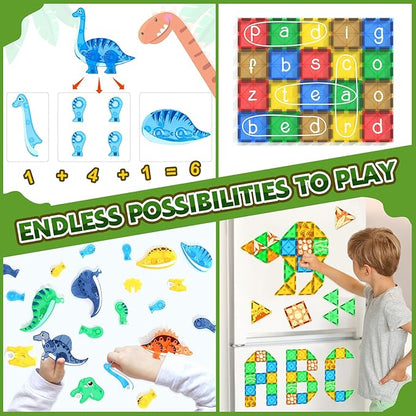 Dinosaur Toys Magnetic Tiles 3D Movable Dinos for Kids 3-5 5-7 Toddler Outdoor Sensory Toys, STEM Educational Magnetic Blocks for 3+ Years Old Boys Girls Kids Toy Nirvana Guru