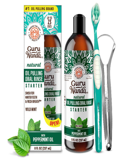 GuruNanda Starter Pulling Oil Mouthwash for Natural Teeth Whitening, Coconut and Peppermint Oil for Fresh Breath & Happy Gums, Alcohol-Free, 8 Oz Nirvana Guru
