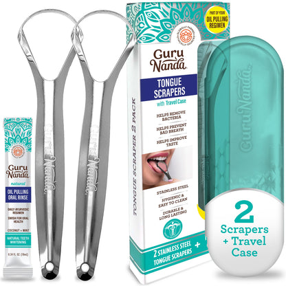 GuruNanda Tongue Scraper for Adults (2 Pack) with Travel Case, 420 Medical-Grade 100% Stainless Steel Tongue Cleaner, Aids in Fresh Breath & Oral Care Nirvana Guru