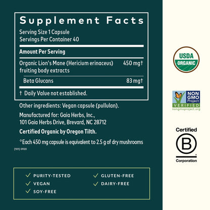 Gaia Herbs Lion’s Mane Mushroom - Brain & Nerve Health Support - 40 Vegan Capsules - Nirvana Guru