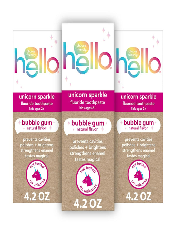 hello Unicorn Sparkle Kids Fluoride Toothpaste, Natural Bubble Gum Flavor, ADA Approved, Ages 2+, No Artificial Sweeteners, No SLS, Gluten Free, Vegan, Pack of 3, 4.2 oz Tubes Nirvana Guru