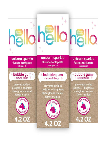 hello Unicorn Sparkle Kids Fluoride Toothpaste, Natural Bubble Gum Flavor, ADA Approved, Ages 2+, No Artificial Sweeteners, No SLS, Gluten Free, Vegan, Pack of 3, 4.2 oz Tubes Nirvana Guru