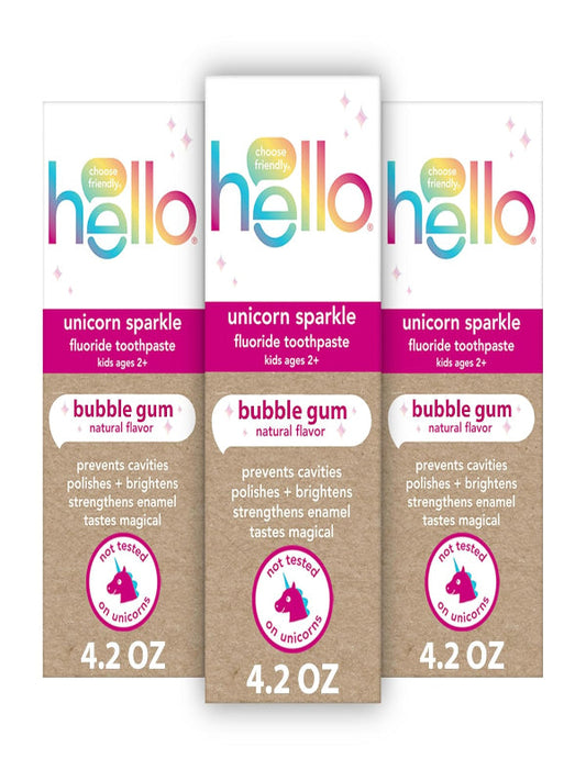 hello Unicorn Sparkle Kids Fluoride Toothpaste, Natural Bubble Gum Flavor, ADA Approved, Ages 2+, No Artificial Sweeteners, No SLS, Gluten Free, Vegan, Pack of 3, 4.2 oz Tubes Nirvana Guru
