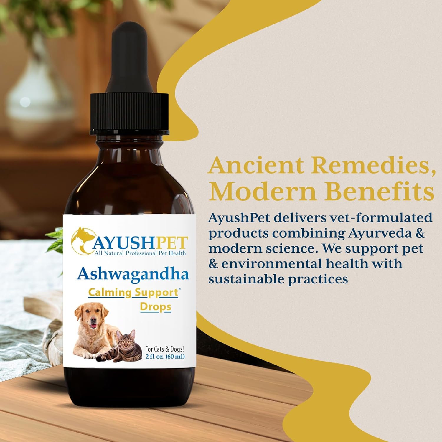 Ayush Pet Stress Support Ashwagandha Drops, Calm and Focus for Dogs or Cats, Alcohol Free Supplement, 2 oz. Nirvana Guru
