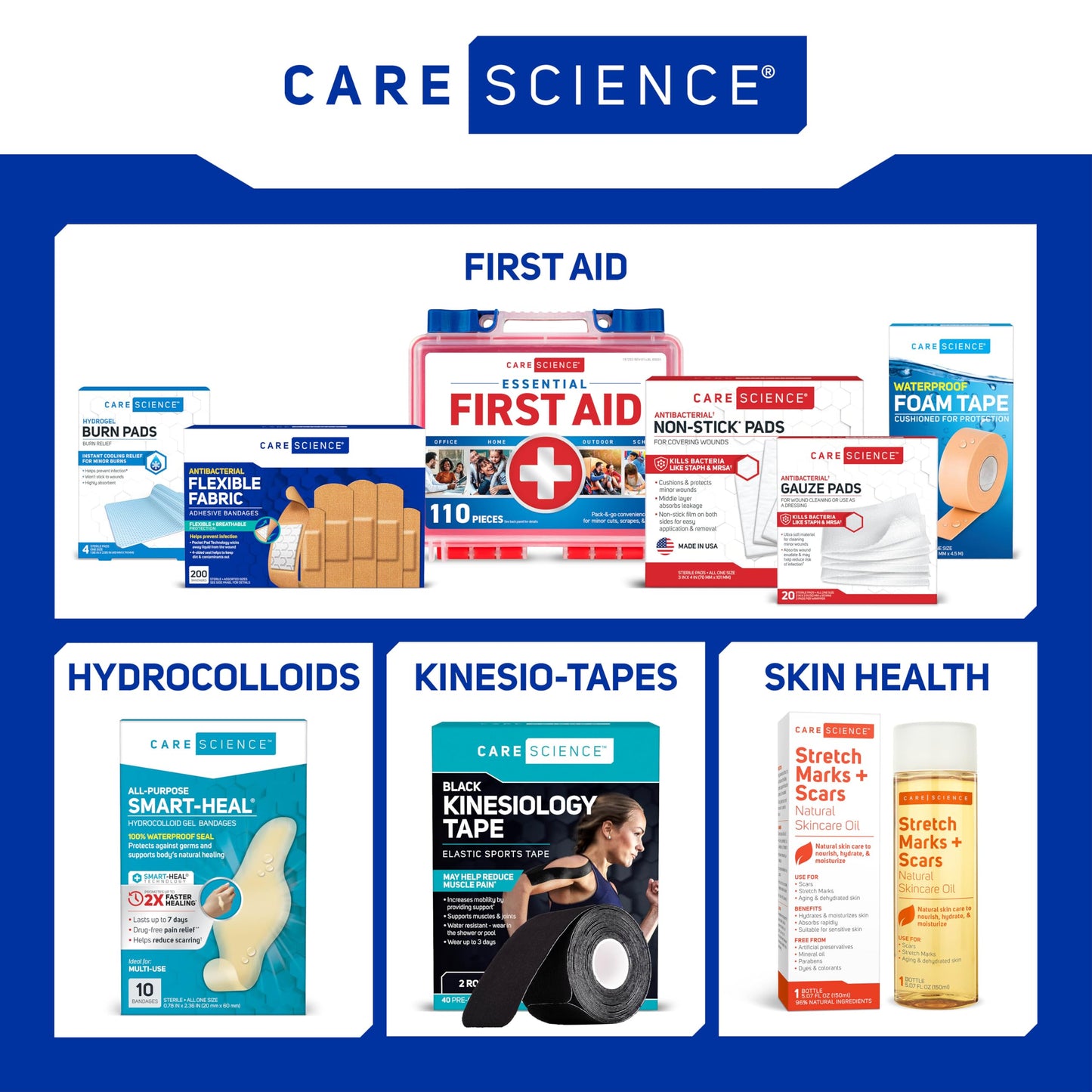 Care Science Fabric Adhesive Bandages, 200 ct Bulk Assorted Sizes | FSA HSA Eligible | Flexible + Breathable Protection for First Aid and Wound Care