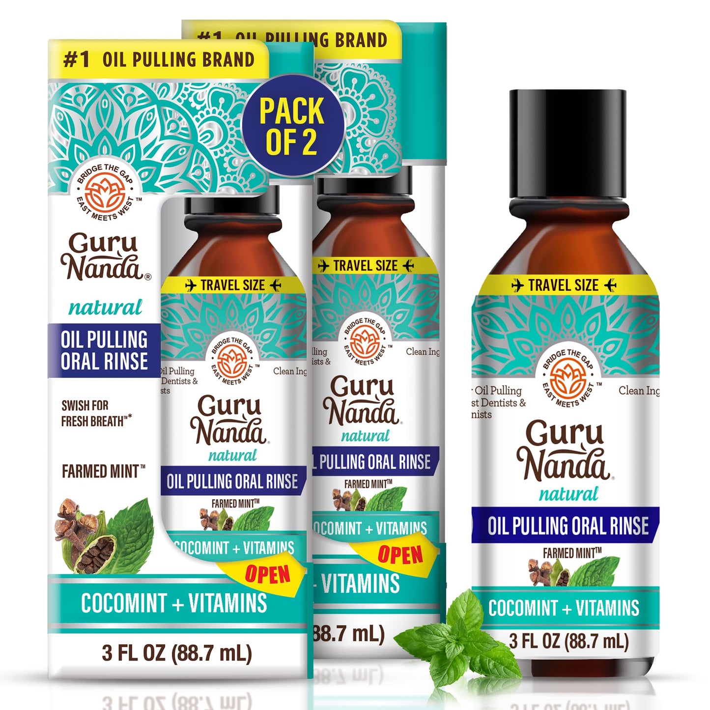 GuruNanda Travel Size CocoMint Oil Pulling Mouthwash, 7 Essential Oils & Vitamins, Promotes Fresh Breath & Happy Gums, No Alcohol & Fluoride, 3 oz Nirvana Guru