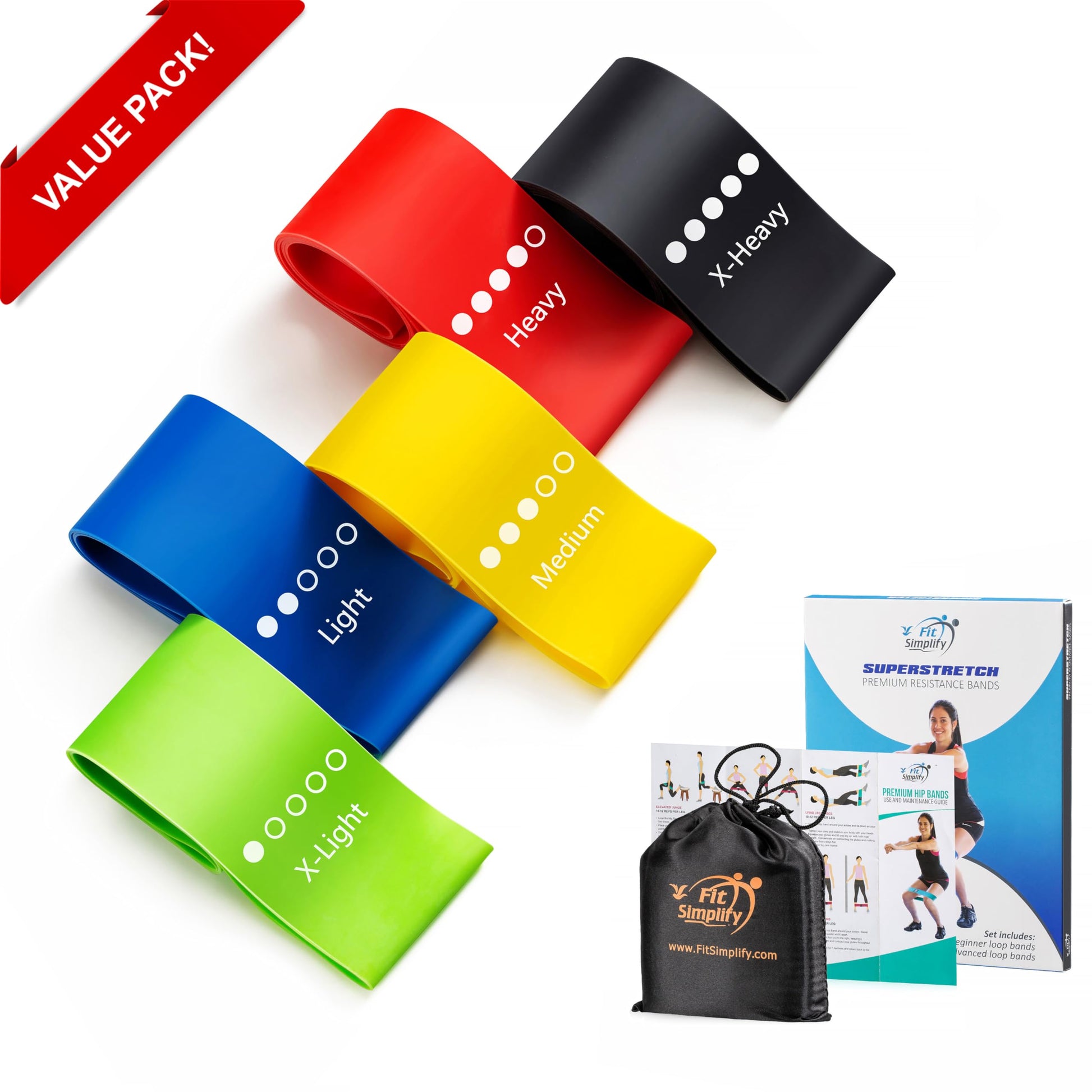 Fit Simplify Resistance Loop Exercise Bands with Instruction Guide and Carry Bag, Set of 5 Nirvana Guru