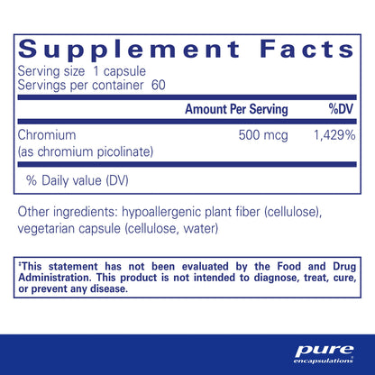 Pure Encapsulations Chromium (Picolinate) 500 mcg - for Lipid & Carbohydrate Metabolism* - Mineral Supplement - Superior Absorption Chromium Supplement - Vegan & Gluten Free - 60 Capsules Nirvana Guru