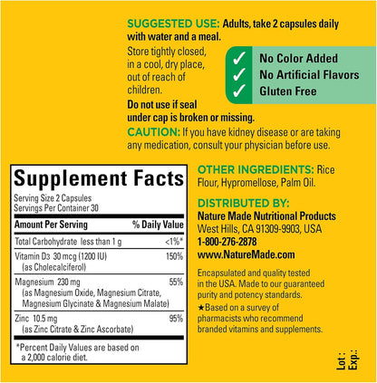 Nature Made Magnesium Complex with Vitamin D and Zinc Supplements, Magnesium Supplement for Muscle, Nerve, Heart & Bone Support with Vitamin D3 & Zinc for Immune Support, 60 Capsules, 30 Day Supply - Nirvana Guru