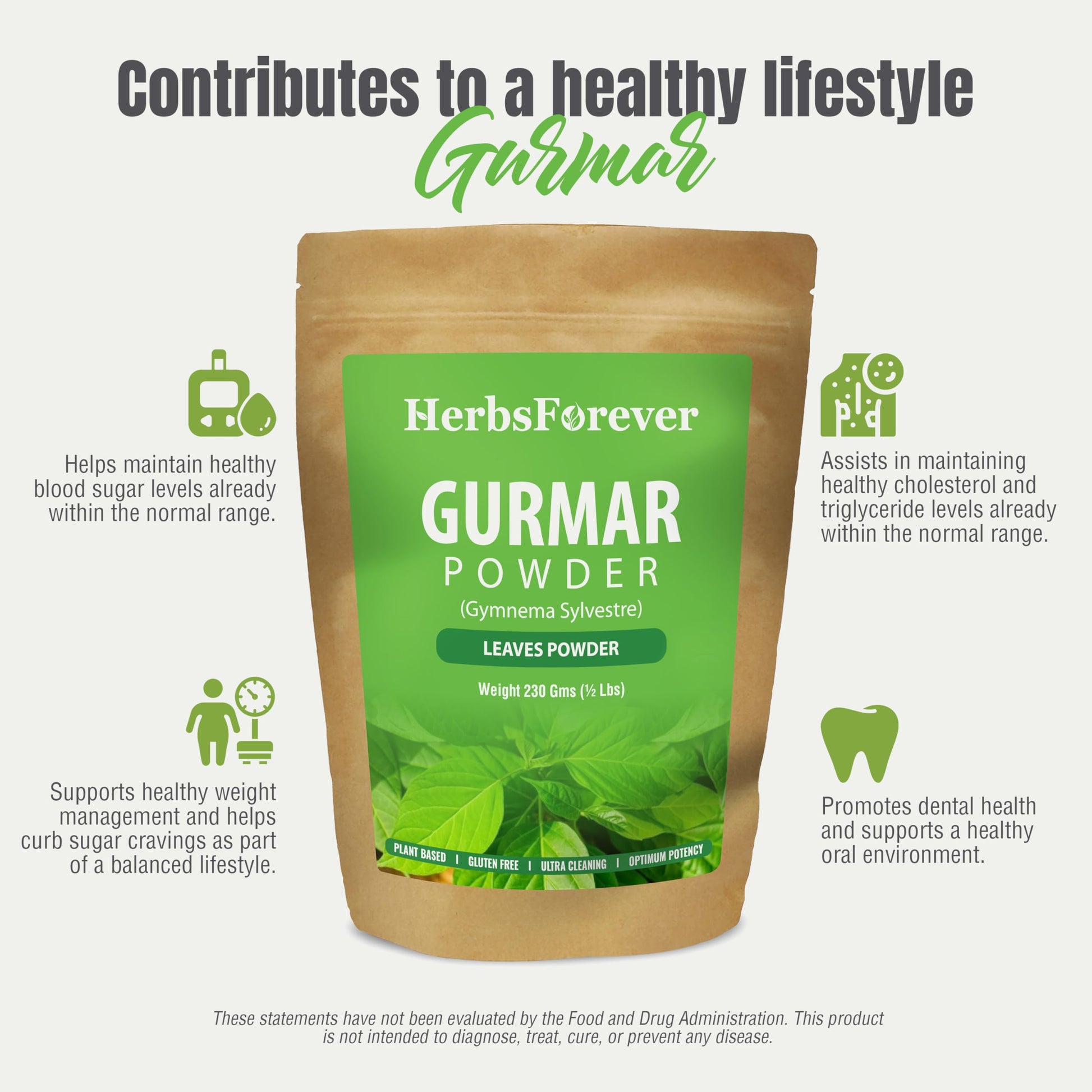 Gurmar Powder Leaves Powder Gymnema Sylvestre Support Healthy Sweet Level Non GMO, Organic, Vegan 230 GMS Nirvana Guru