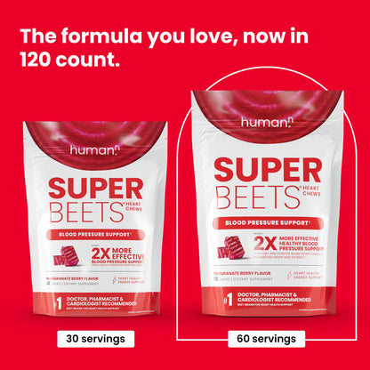 HumanN SuperBeets Heart Chews, Nitric Oxide and Blood Pressure Support, Grape Seed Extract & Non-GMO Beet Root Powder Energy, Pomegranate Berry Flavor, 120 Count - Nirvana Guru