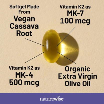 NatureWise Vitamin K2 600mcg Supplement with MK-7 100mcg & MK-4 500mcg - Enhanced Bioavailable Formula - K Complex for Bone and Heart Health - Vegan, Gluten Free, Non-GMO -90 Softgels[3-Month Supply] Nirvana Guru